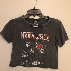“Namaspace” v cut out crop top acid wash